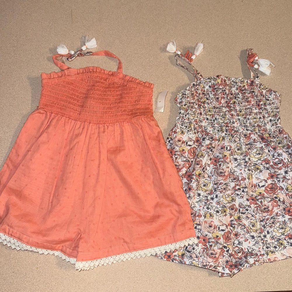 Shabby Chic girls size 12 months set of two rompers floral orange